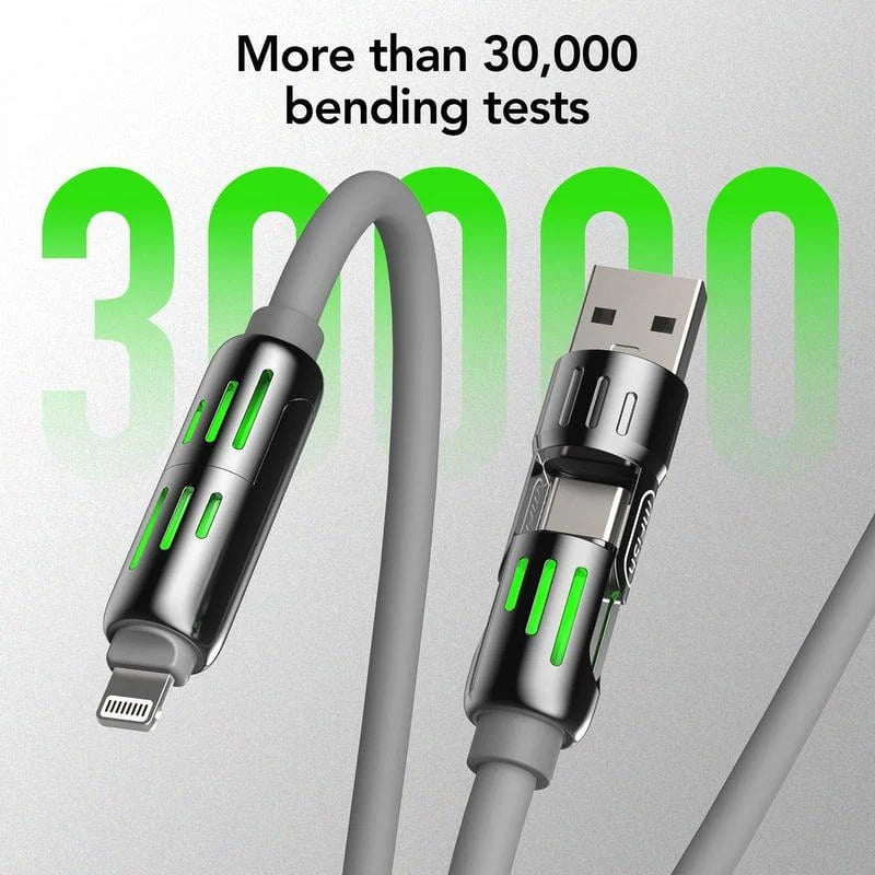 USB cable with connectors, showing durability with text 'More than 30,000 bending tests'.