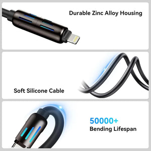 Multifunctional cable with durable zinc alloy housing, soft silicone cable, and 50,000+ bending lifespan features.