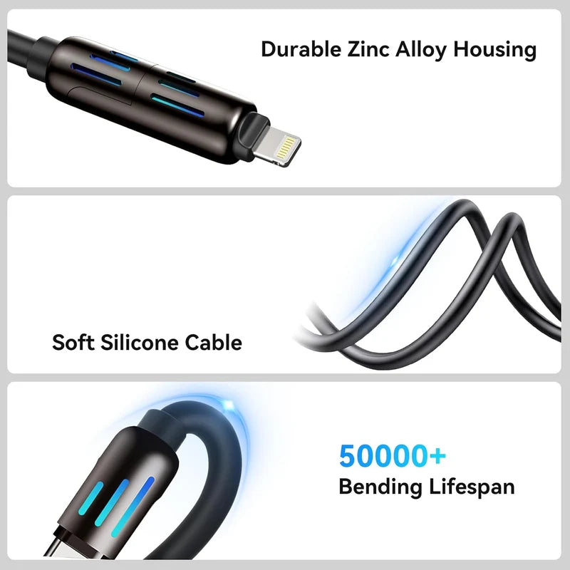 Multifunctional cable with durable zinc alloy housing, soft silicone cable, and 50,000+ bending lifespan features.